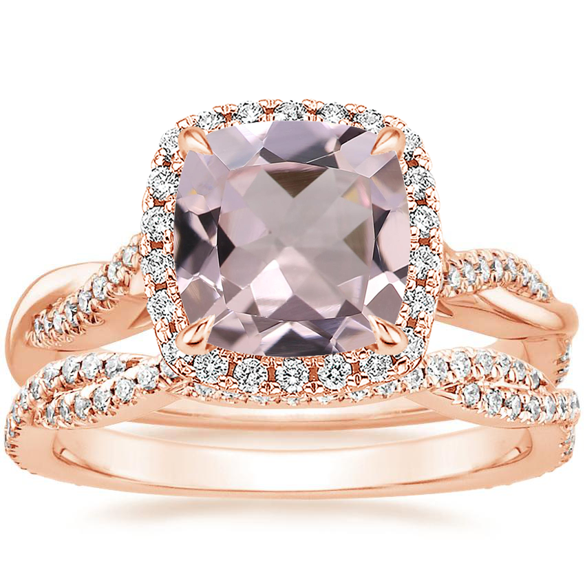 14K Rose Gold Petite Twisted Vine Halo Diamond Ring (1/4 ct. tw.) with Petite Luxe Twisted Vine Diamond Ring