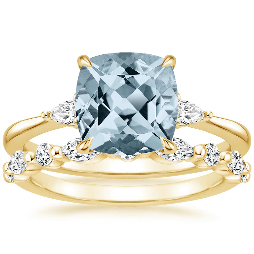 18KY Aquamarine Aria Diamond Ring (1/10 ct. tw.) with Versailles Diamond Ring (3/8 ct. tw.), top view