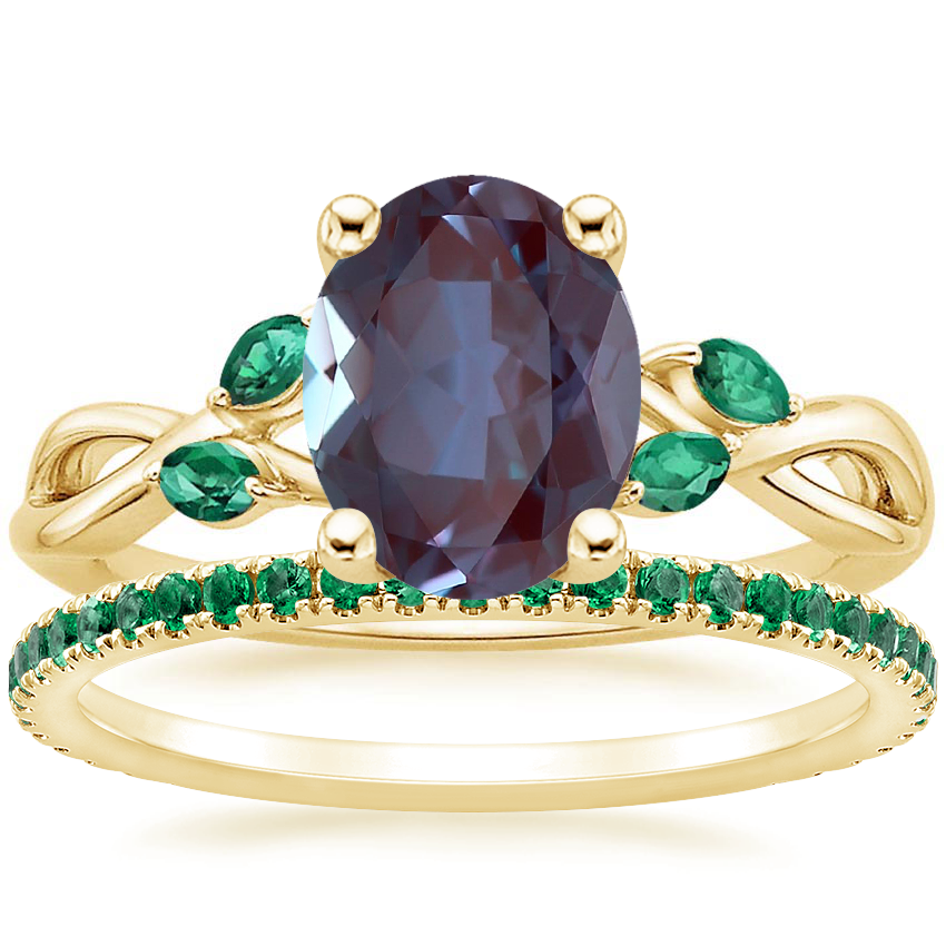 18K Yellow Gold Willow Ring With Lab Emerald Accents with Luxe Ballad Emerald Ring