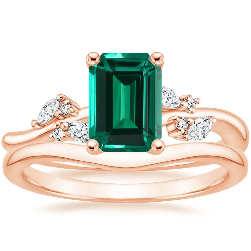 14K Rose Gold Arden Diamond Ring with Petite Curved Wedding Ring