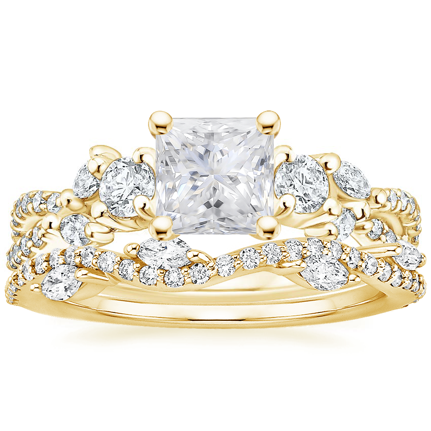 18K Yellow Gold Three Stone Luxe Willow Diamond Ring with Luxe Winding Willow Diamond Ring