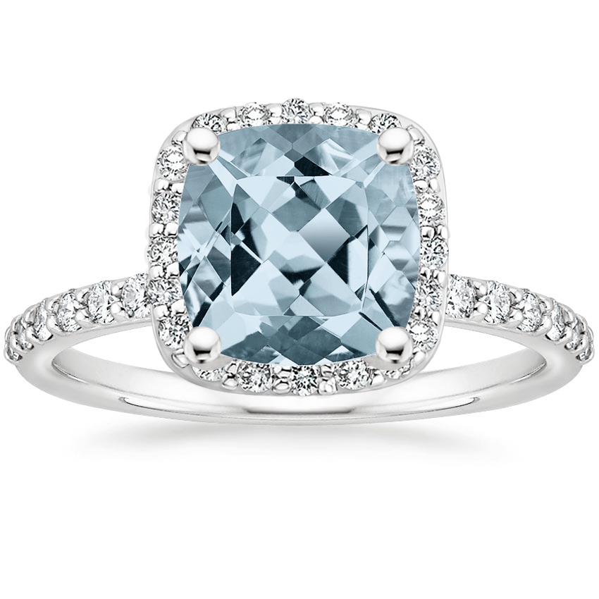 Aquamarine Shared Prong Halo Diamond Ring in Platinum