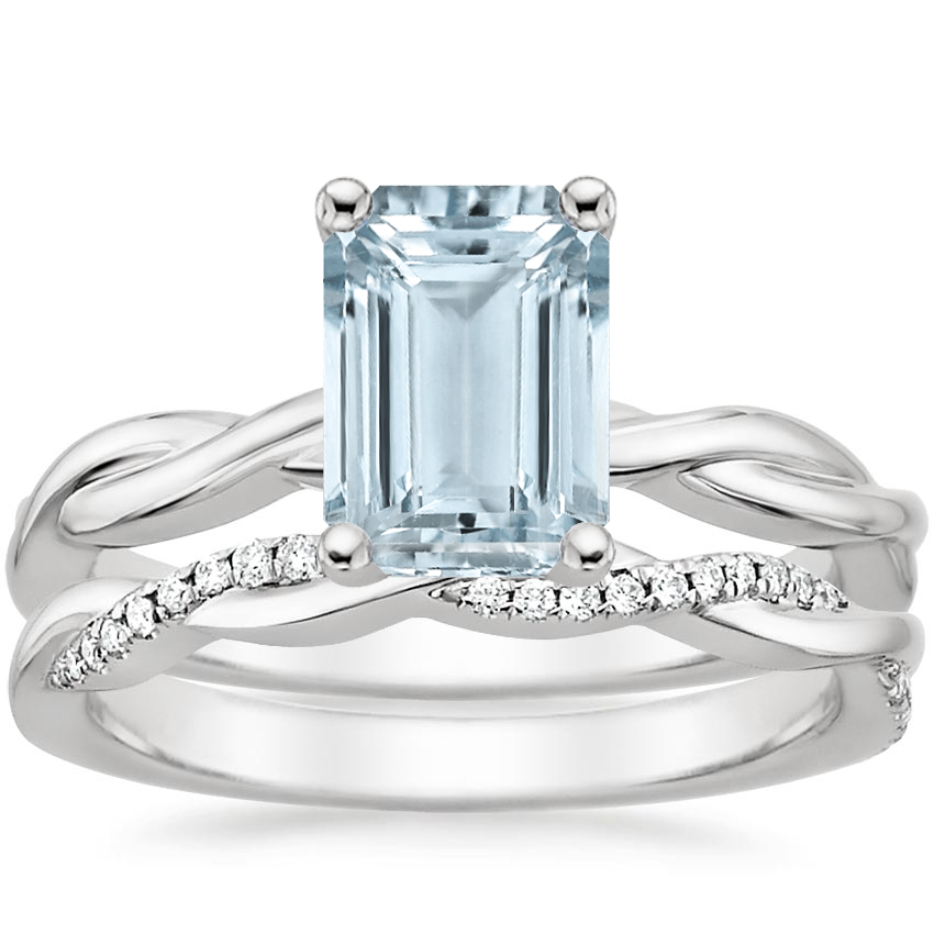 18KW Aquamarine Twisted Vine Ring with Petite Twisted Vine Diamond Ring (1/8 ct. tw.), top view