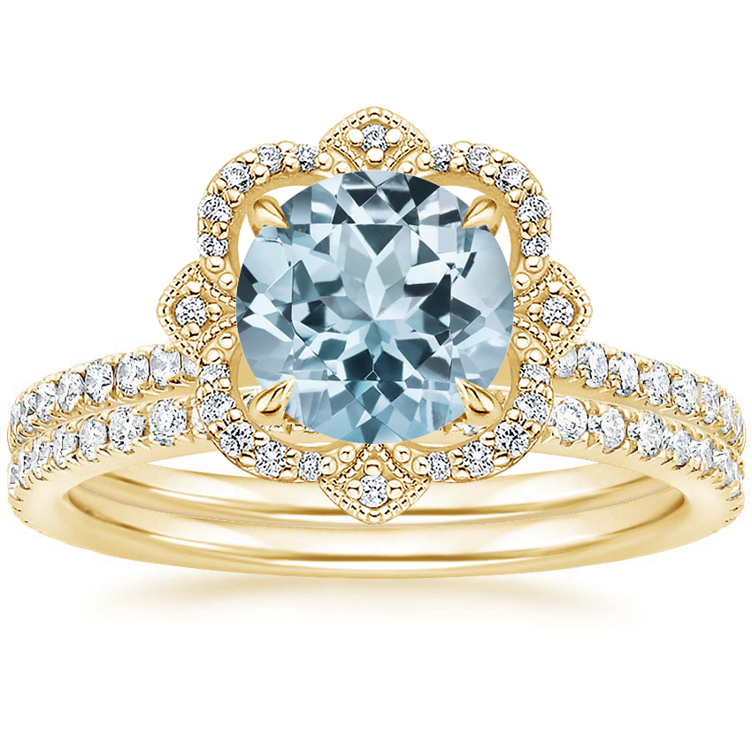18KY Aquamarine Reina Diamond Ring with Luxe Ballad Diamond Ring (1/4 ct. tw.), top view
