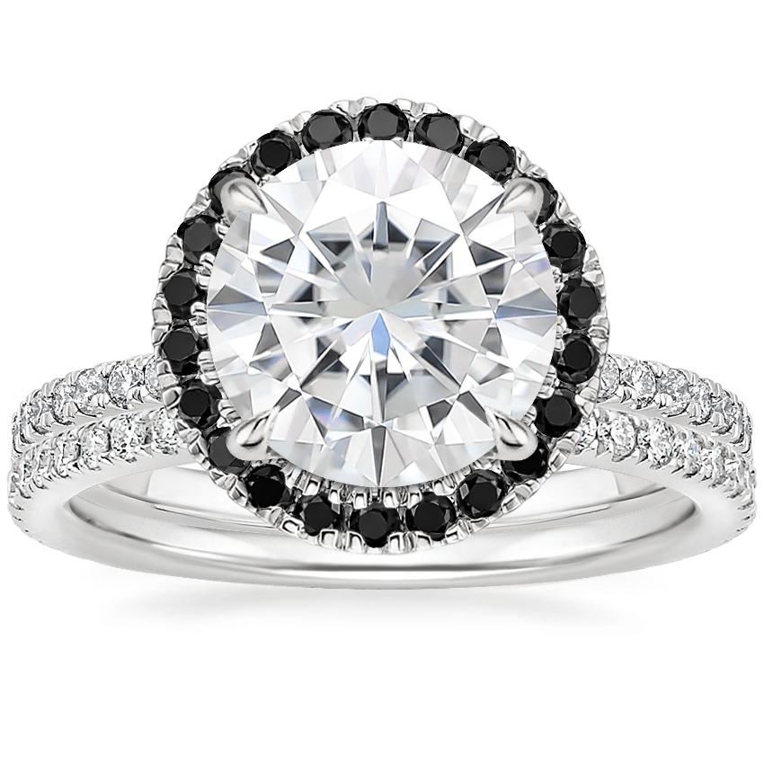 18KW Moissanite Waverly Diamond Ring with Black Diamond Accents with Luxe Ballad Diamond Ring, top view