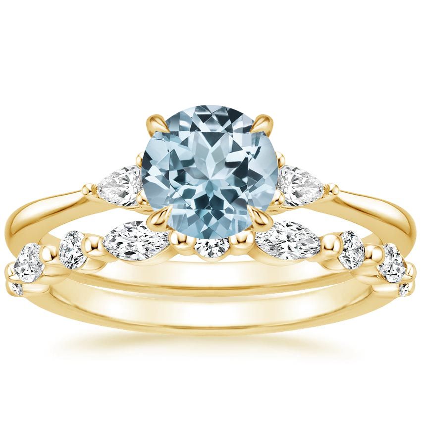 18KY Aquamarine Aria Diamond Ring (1/10 ct. tw.) with Versailles Diamond Ring (3/8 ct. tw.), top view