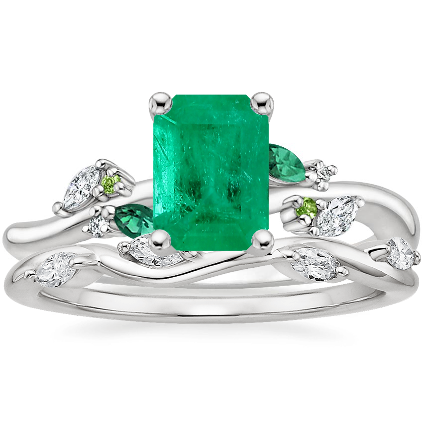 18K White Gold Arden Diamond Ring with Lab Emerald Accents with Winding Willow Diamond Ring