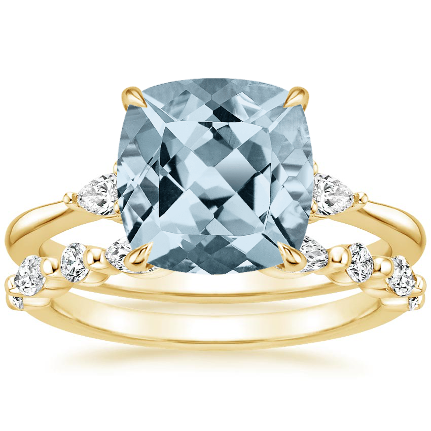 18KY Aquamarine Aria Diamond Ring (1/10 ct. tw.) with Versailles Diamond Ring (3/8 ct. tw.), top view