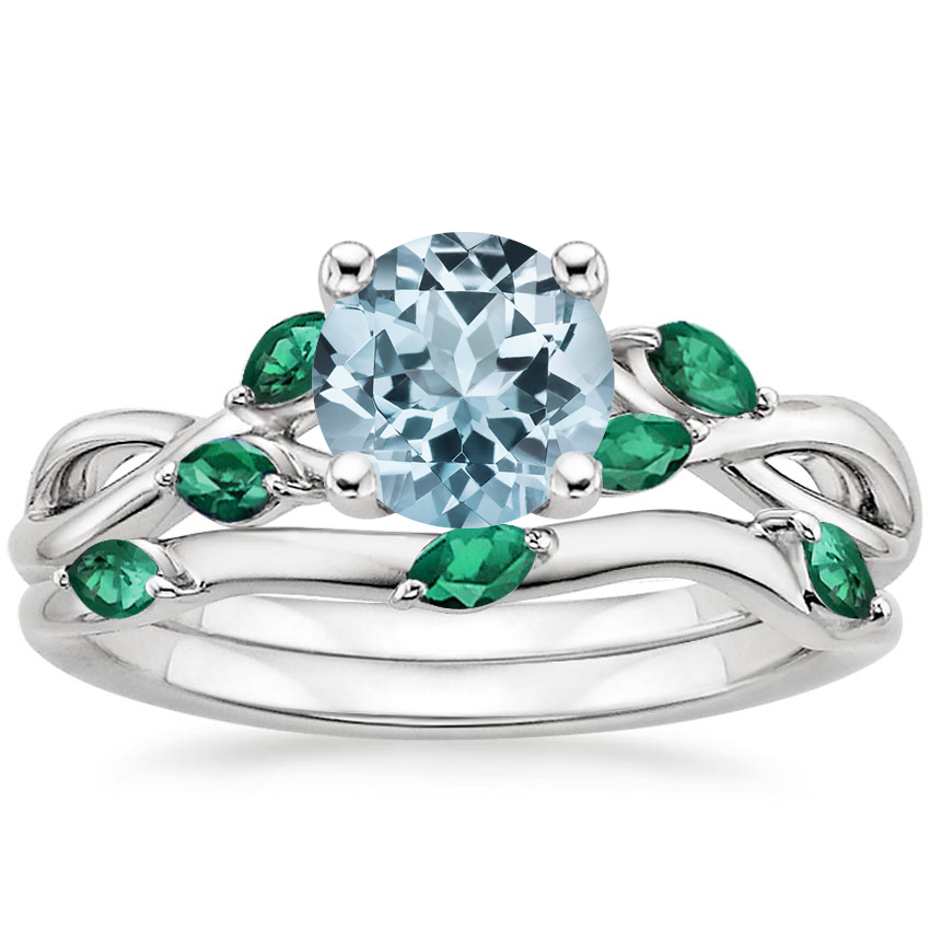 18KW Aquamarine Willow Bridal Set With Lab Emerald Accents, top view