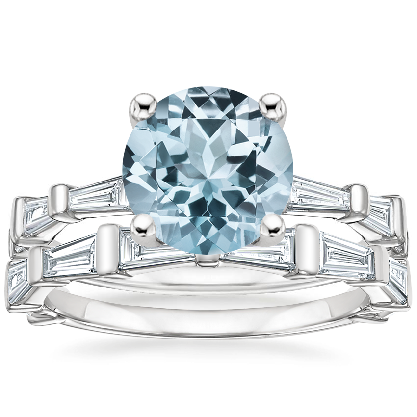 18KW Aquamarine Memoir Baguette Diamond Bridal Set, top view