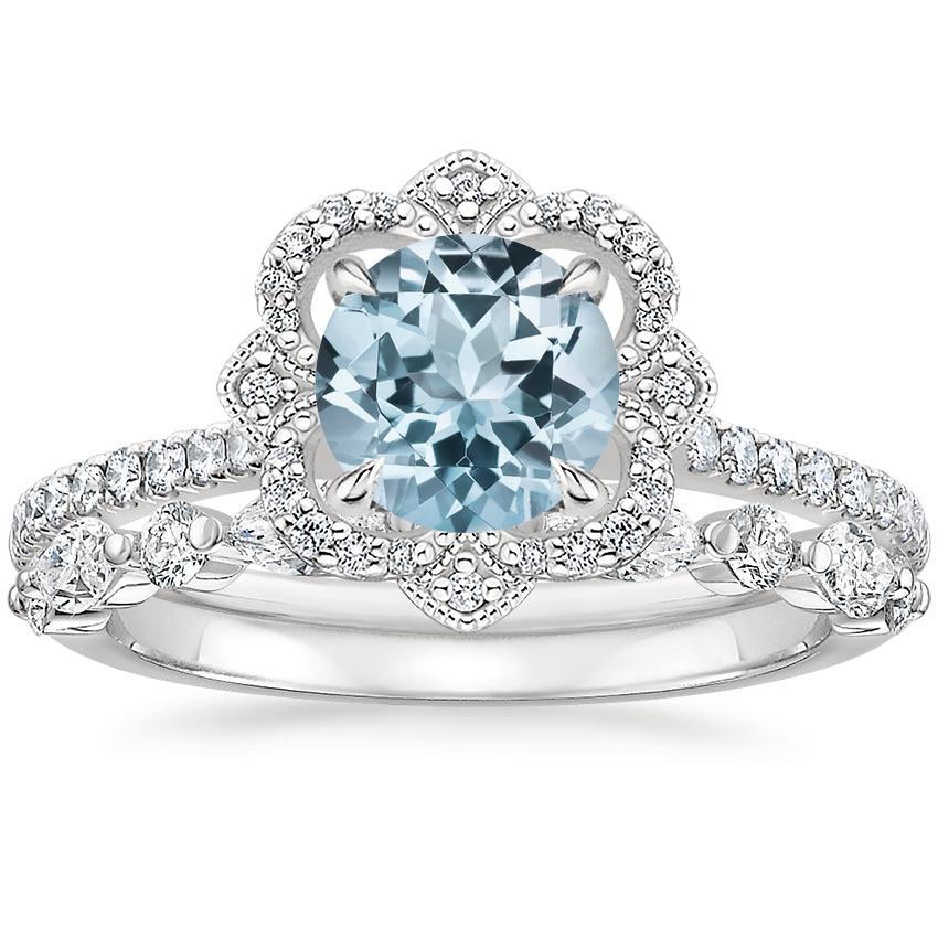 18KW Aquamarine Reina Diamond Ring with Versailles Diamond Ring (3/8 ct. tw.), top view