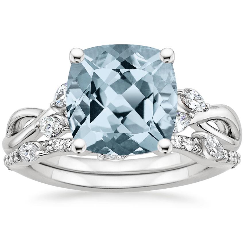 18KW Aquamarine Willow Diamond Ring (1/8 ct. tw.) with Luxe Willow Diamond Wedding Ring (1/5 ct. tw.), top view