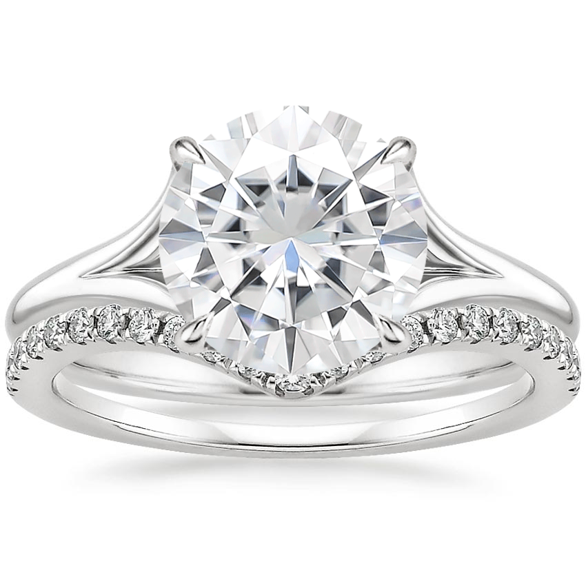 18KW Moissanite Reverie Ring with Flair Diamond Ring (1/6 ct. tw.), top view