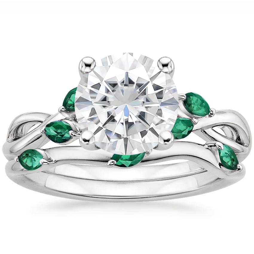 18KW Moissanite Willow Bridal Set With Lab Emerald Accents, top view