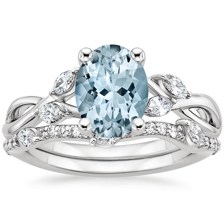 18KW Aquamarine Willow Diamond Ring (1/8 ct. tw.) with Luxe Willow Diamond Wedding Ring (1/5 ct. tw.), top view