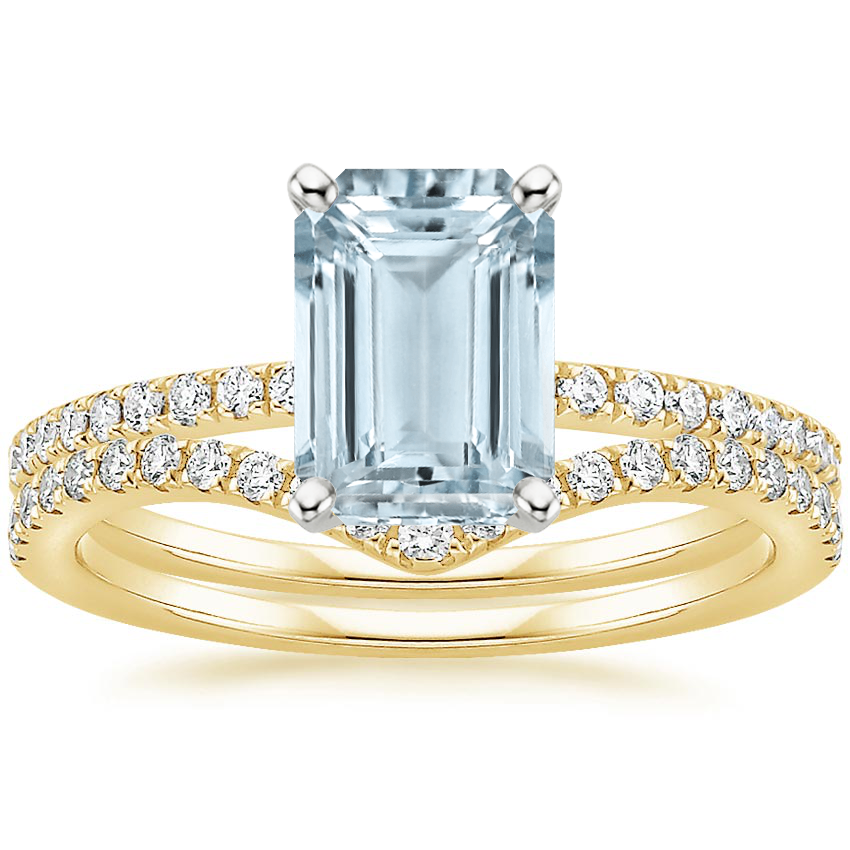 18KY Aquamarine Ballad Diamond Ring (1/8 ct. tw.) with Flair Diamond Ring (1/6 ct. tw.), top view