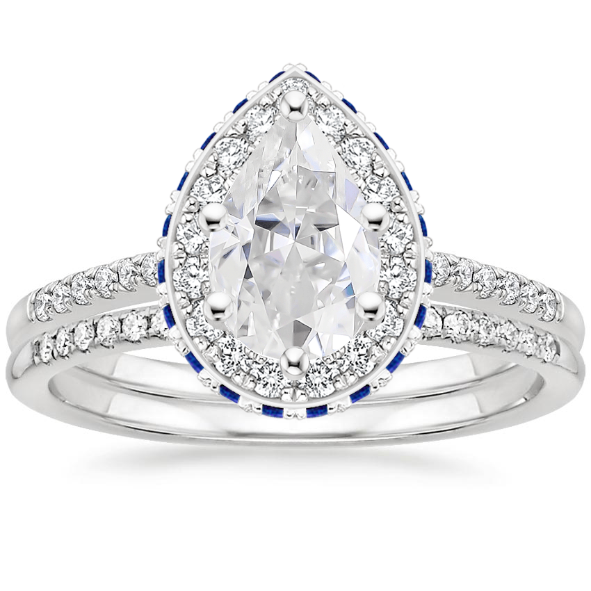 18KW Moissanite Audra Diamond Ring with Sapphire Accents (1/4 ct. tw.) with Whisper Diamond Ring (1/10 ct. tw.), top view
