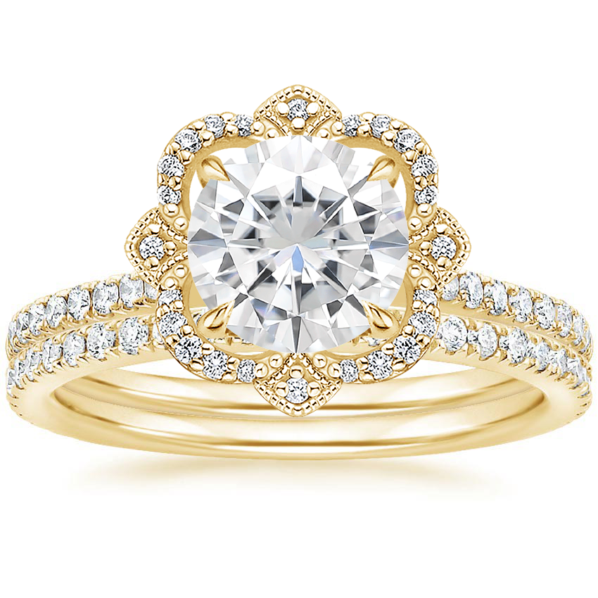18KY Moissanite Reina Diamond Ring with Luxe Ballad Diamond Ring (1/4 ct. tw.), top view