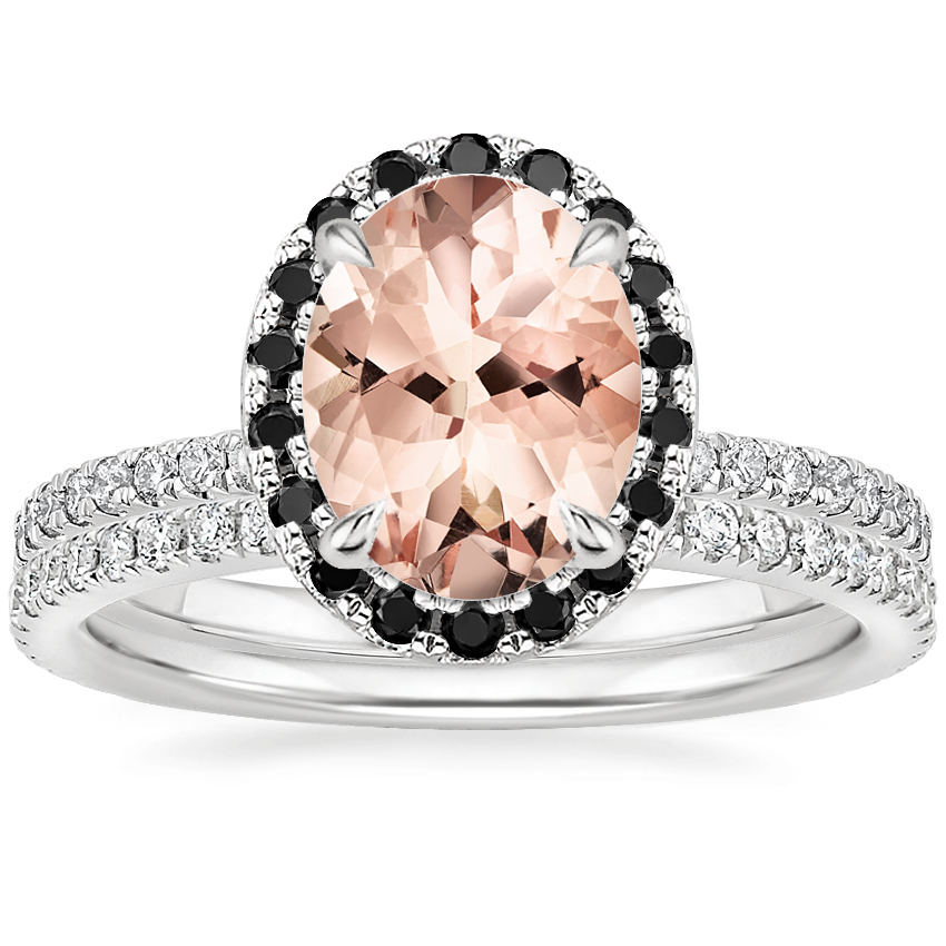 18KW Morganite Waverly Diamond Ring with Black Diamond Accents with Luxe Ballad Diamond Ring, top view