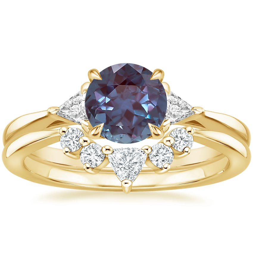 18K Yellow Gold Trillion Three Stone Diamond Engagement Ring with Hadley Contoured Diamond Ring