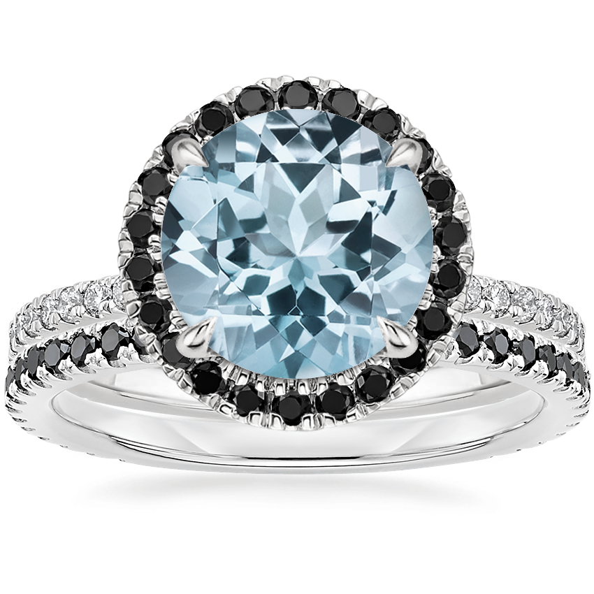 18KW Aquamarine Waverly Diamond Ring with Black Diamond Accents with Luxe Ballad Black Diamond Ring, top view