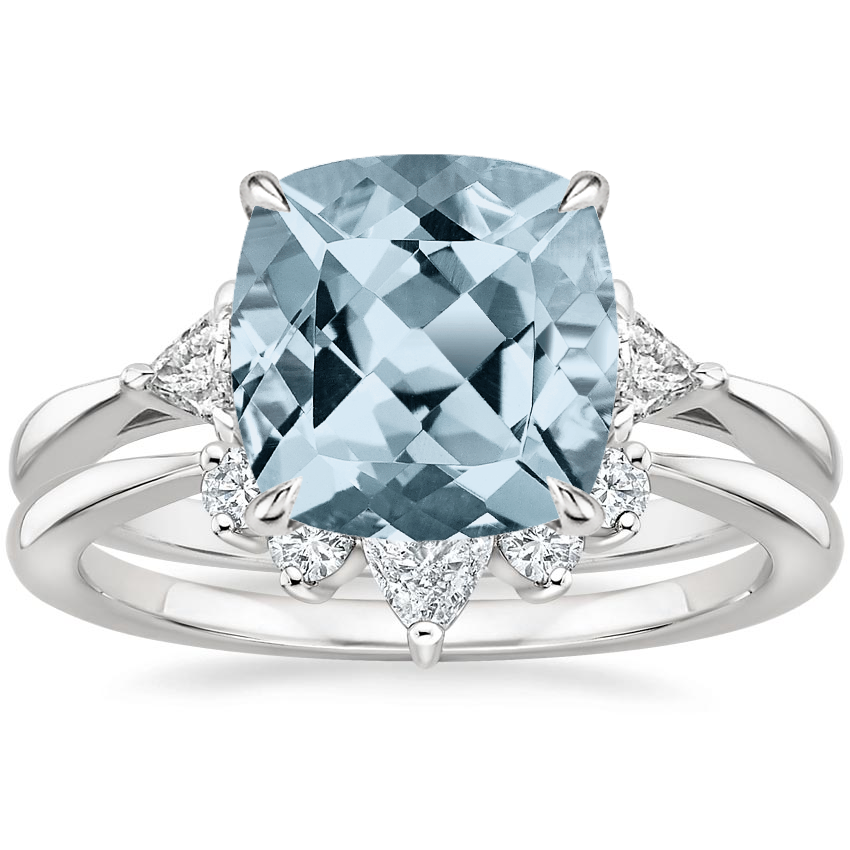 PT Aquamarine Trillion Three Stone Diamond Engagement Ring with Hadley Contoured Diamond Ring, top view