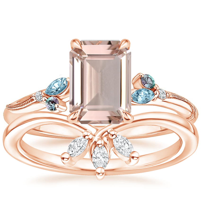 14K Rose Gold Camellia Indigo Milgrain Ring with Abelia Diamond Ring