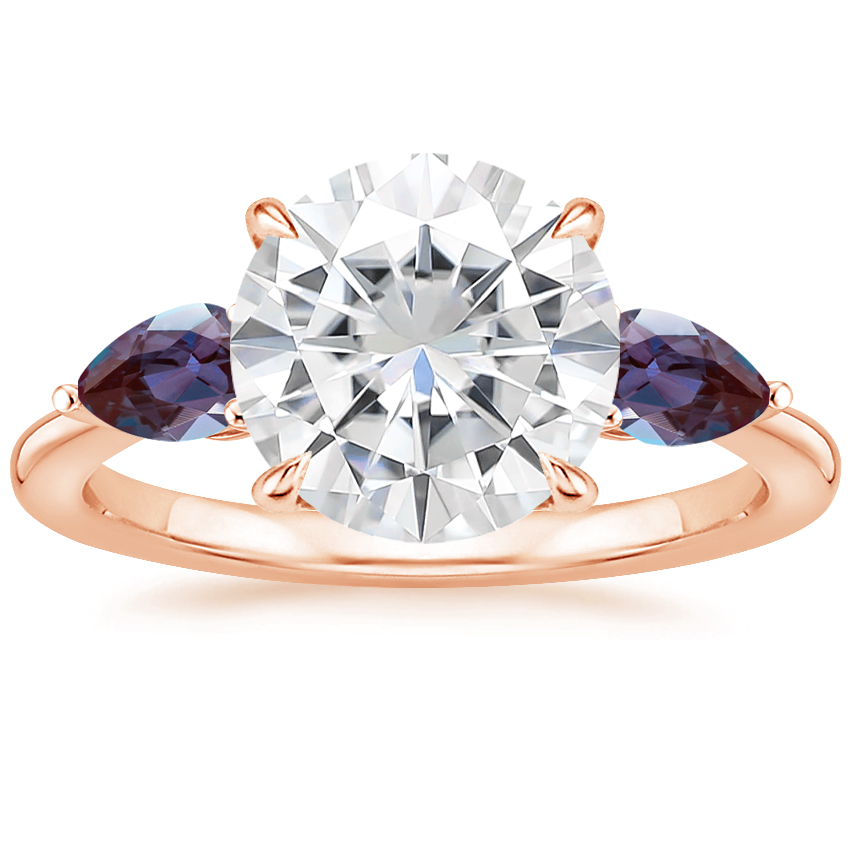 Rose Gold Moissanite Opera Ring with Lab Alexandrite Accents