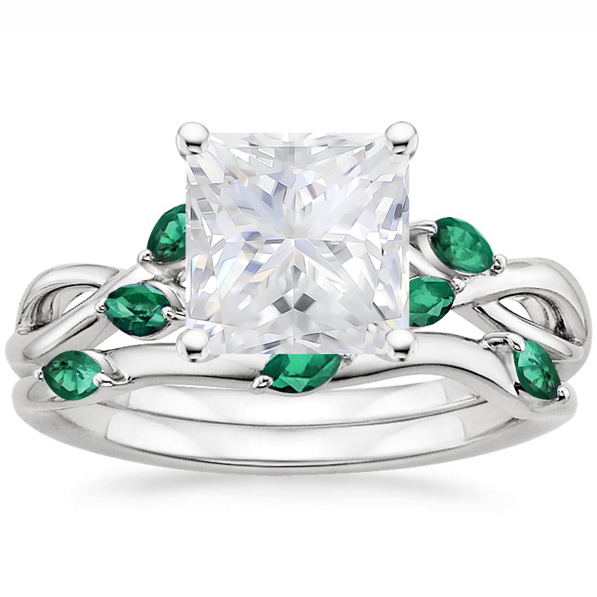 PT Moissanite Willow Bridal Set With Lab Emerald Accents, top view
