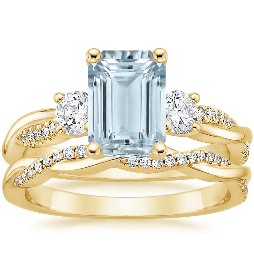 18KY Aquamarine Three Stone Petite Twisted Vine Diamond Bridal Set (1/2 ct. tw.), top view