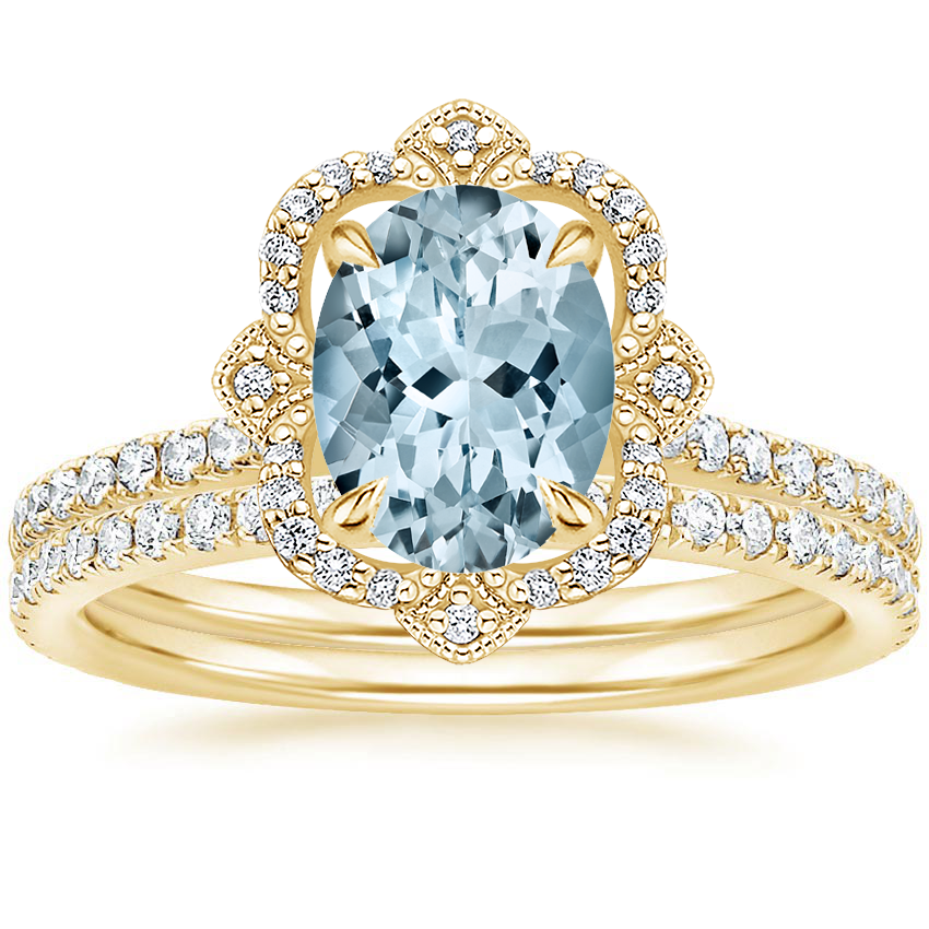 18KY Aquamarine Reina Diamond Ring with Luxe Ballad Diamond Ring (1/4 ct. tw.), top view