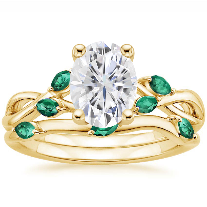 18KY Moissanite Willow Bridal Set With Lab Emerald Accents, top view