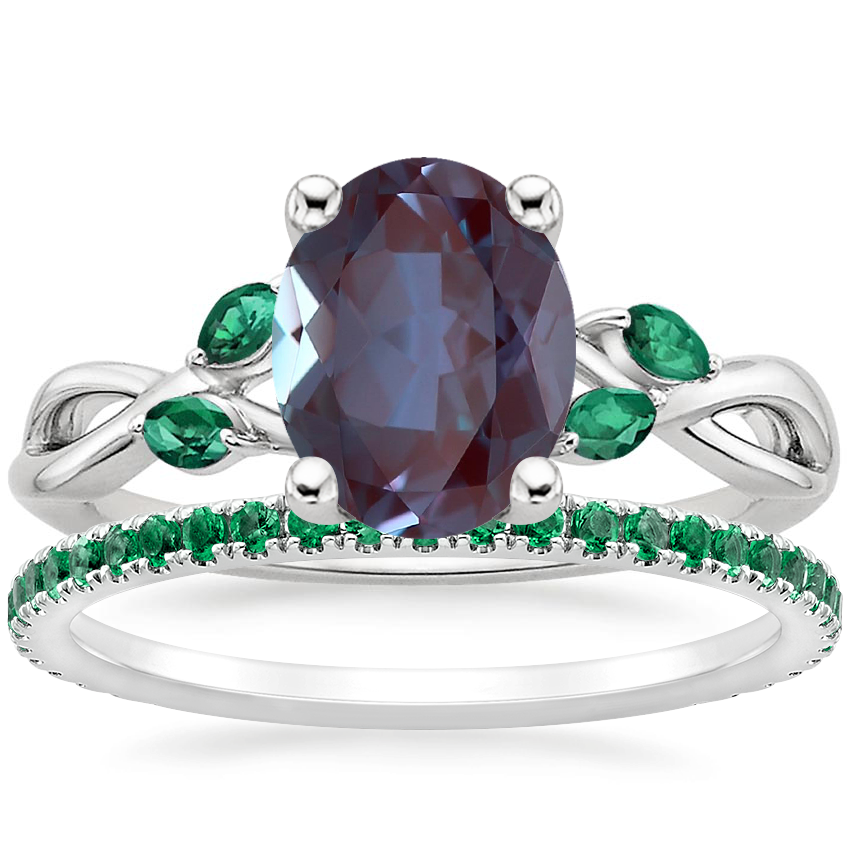 Platinum Willow Ring With Lab Emerald Accents with Luxe Ballad Emerald Ring