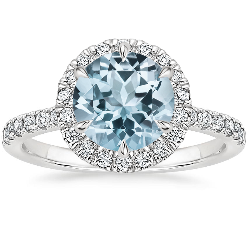 Aquamarine Poppy Halo Diamond Ring (1/3 ct. tw.) in 18K White Gold