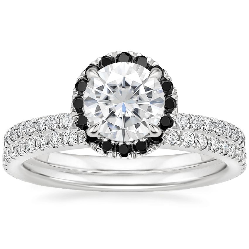 18KW Moissanite Waverly Diamond Ring with Black Diamond Accents with Luxe Ballad Diamond Ring, top view