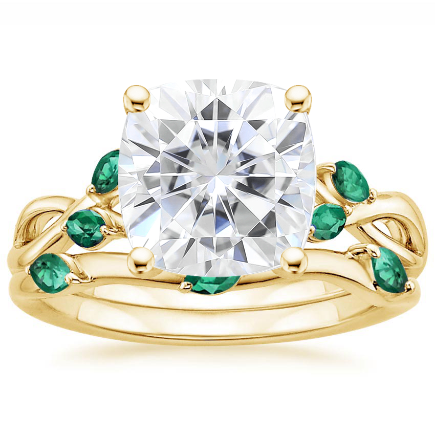 18KY Moissanite Willow Bridal Set With Lab Emerald Accents, top view