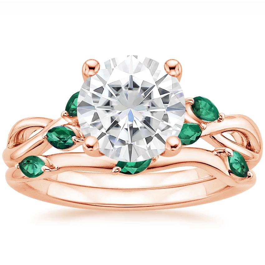 14KR Moissanite Willow Bridal Set With Lab Emerald Accents, top view