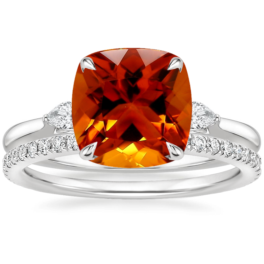 Platinum Perfect Fit Three Stone Pear Diamond Ring with Luxe Ballad Diamond Ring