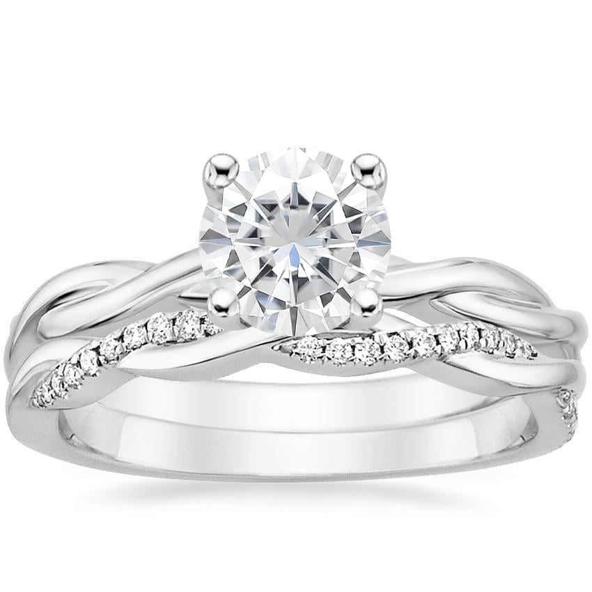 PT Moissanite Twisted Vine Ring with Petite Twisted Vine Diamond Ring (1/8 ct. tw.), top view