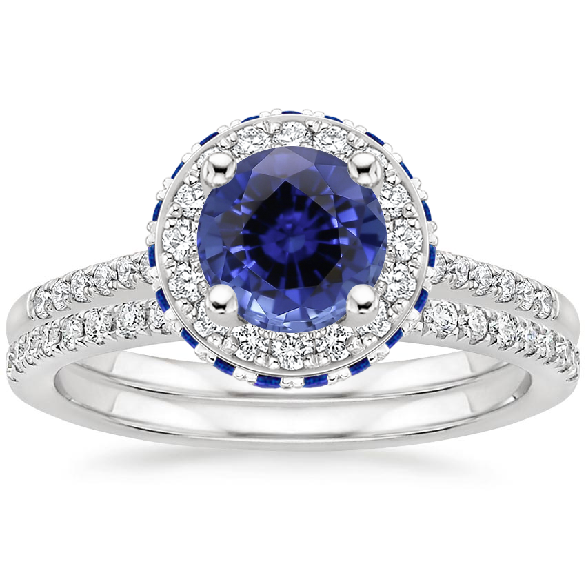 18KW Sapphire Circa Diamond Ring with Sapphire Accents with Ballad Diamond Ring (1/6 ct. tw.), top view