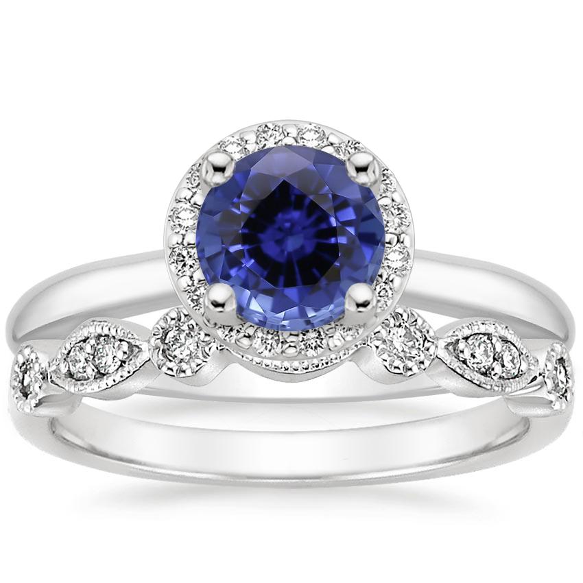 18KW Sapphire Halo Diamond Ring (1/6 ct. tw.) with Tiara Diamond Ring (1/10 ct. tw.), top view