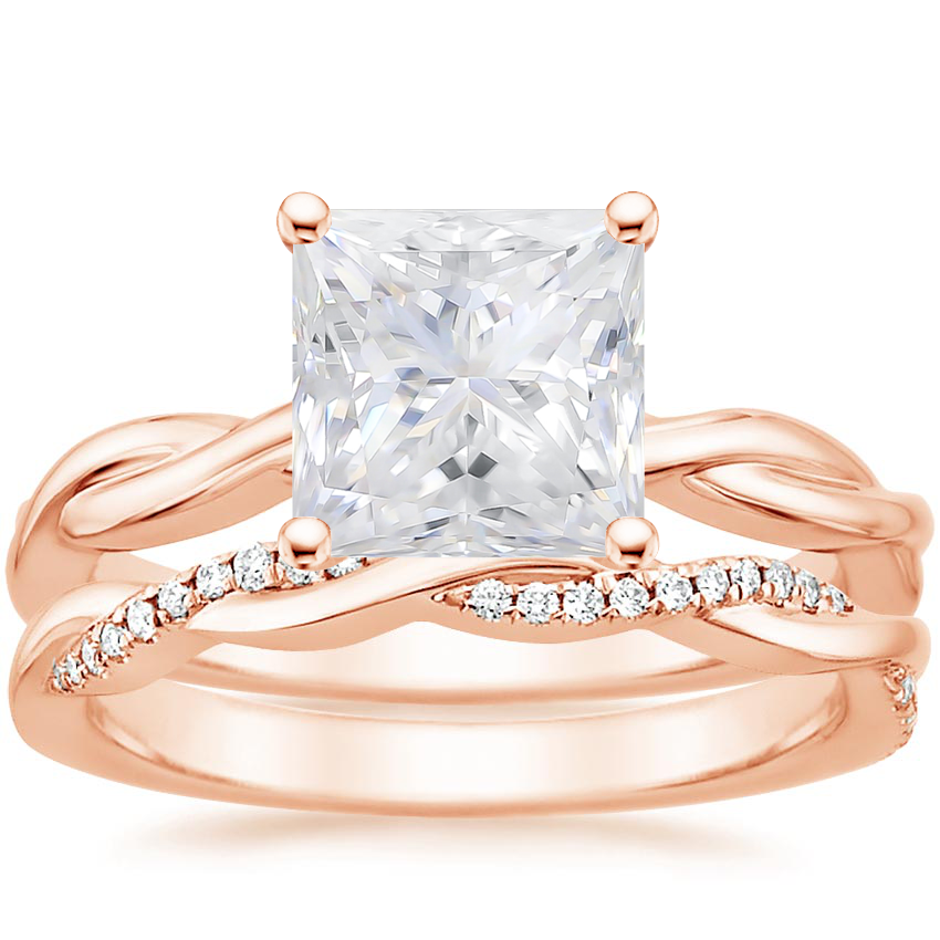 14KR Moissanite Twisted Vine Ring with Petite Twisted Vine Diamond Ring (1/8 ct. tw.), top view