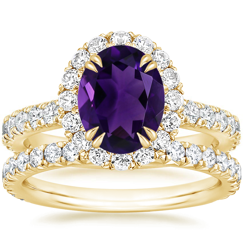 18K Yellow Gold Luxe Sienna Halo Diamond Ring (3/4 ct. tw.) with Luxe Amelie Diamond Ring (1/2 ct. tw.)