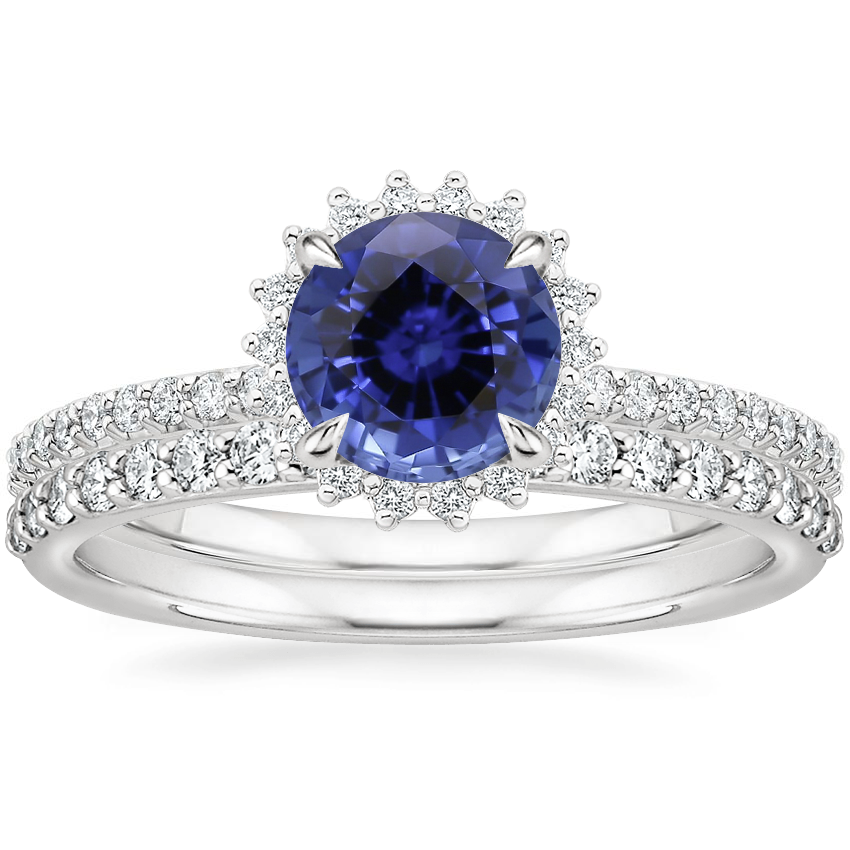 18KW Sapphire Era Diamond Ring with Petite Shared Prong Diamond Ring, top view
