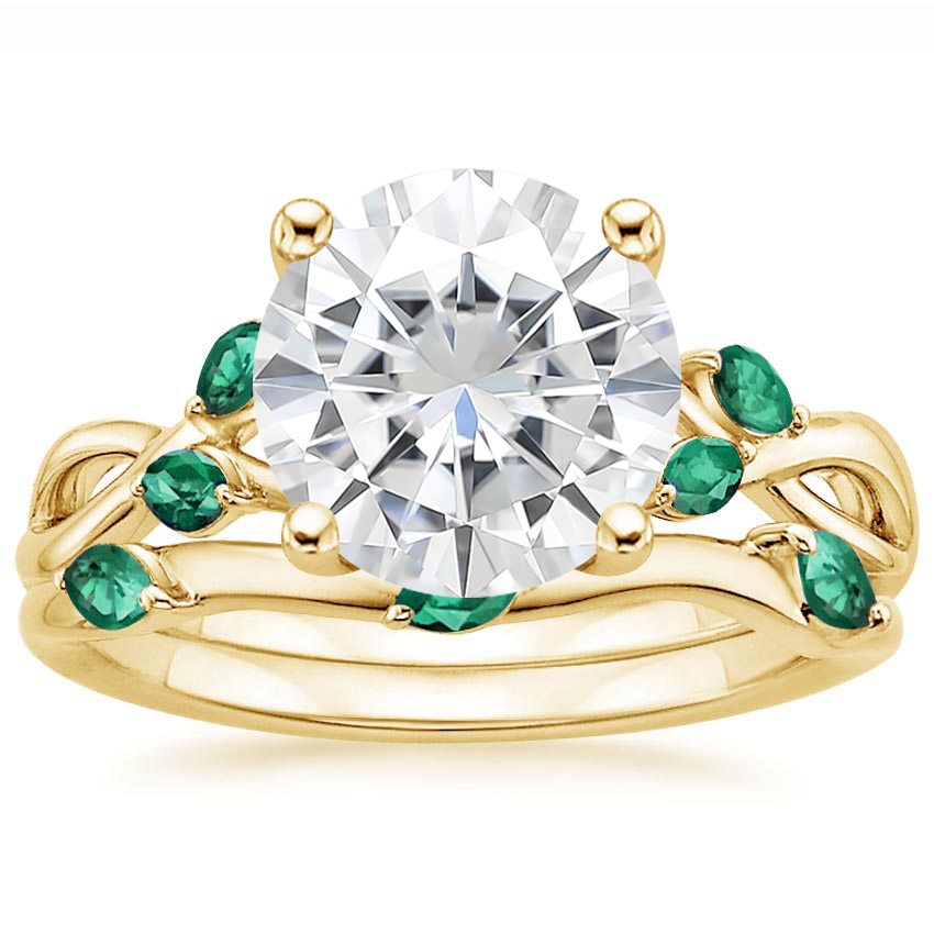 18KY Moissanite Willow Bridal Set With Lab Emerald Accents, top view