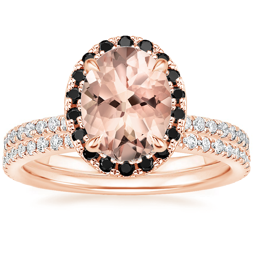 14KR Morganite Waverly Diamond Ring with Black Diamond Accents with Luxe Ballad Diamond Ring, top view