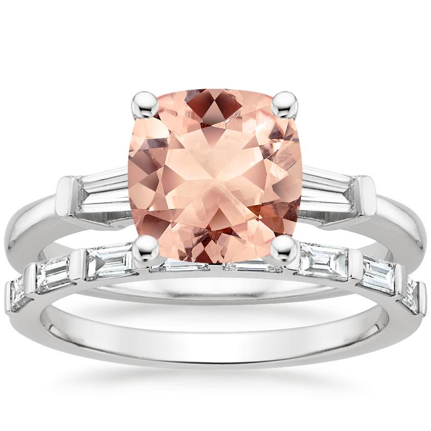 18KW Morganite Tapered Baguette Diamond Ring (1/5 ct. tw.) with Barre Diamond Ring (1/4 ct. tw.), top view