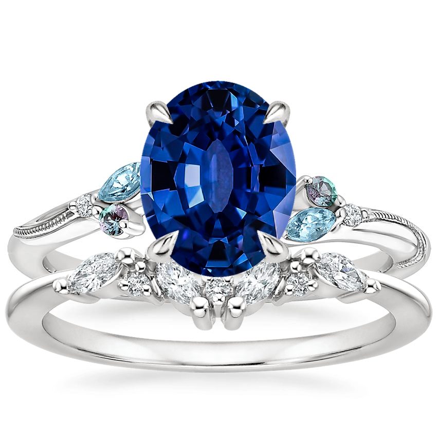 14K White Gold Camellia Indigo Milgrain Ring with Yvette Diamond Ring