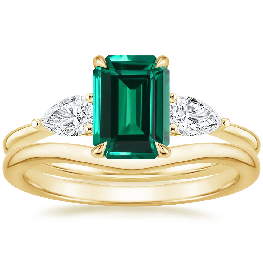 18K Yellow Gold Opera Diamond Ring with Petite Curved Wedding Ring