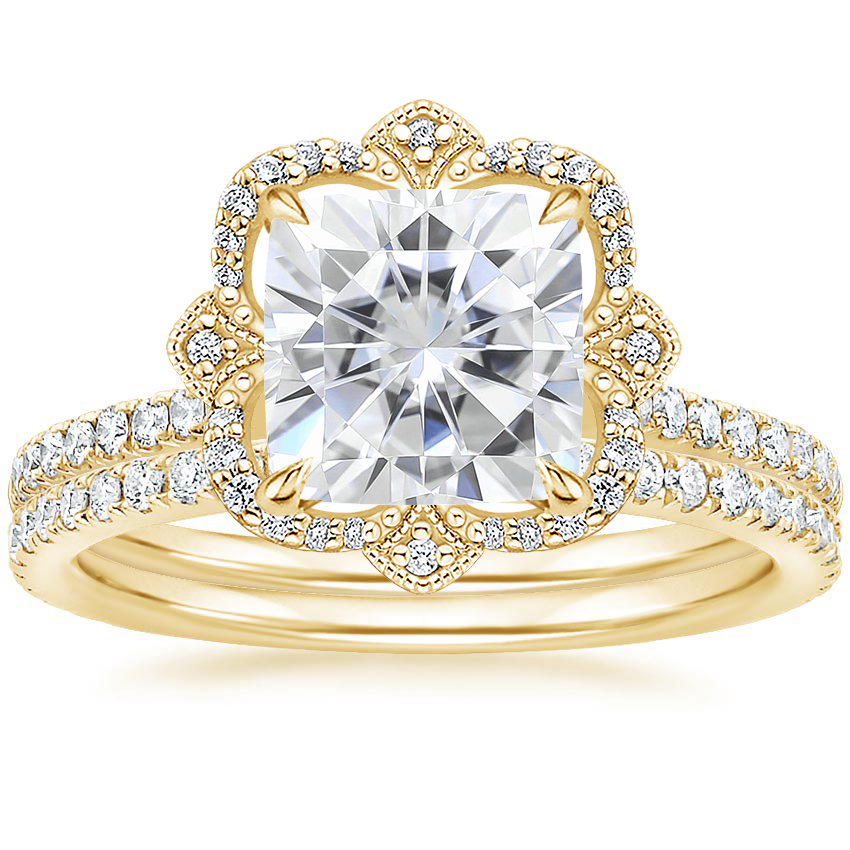 18KY Moissanite Reina Diamond Ring with Luxe Ballad Diamond Ring (1/4 ct. tw.), top view